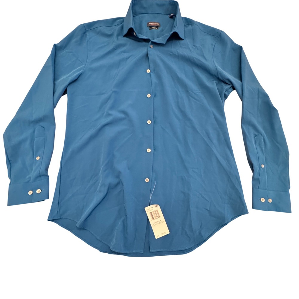 Van Heusen Traveler Button Down Shirt Mens M Blue Stretch Slim Fit Non-Iron NWT